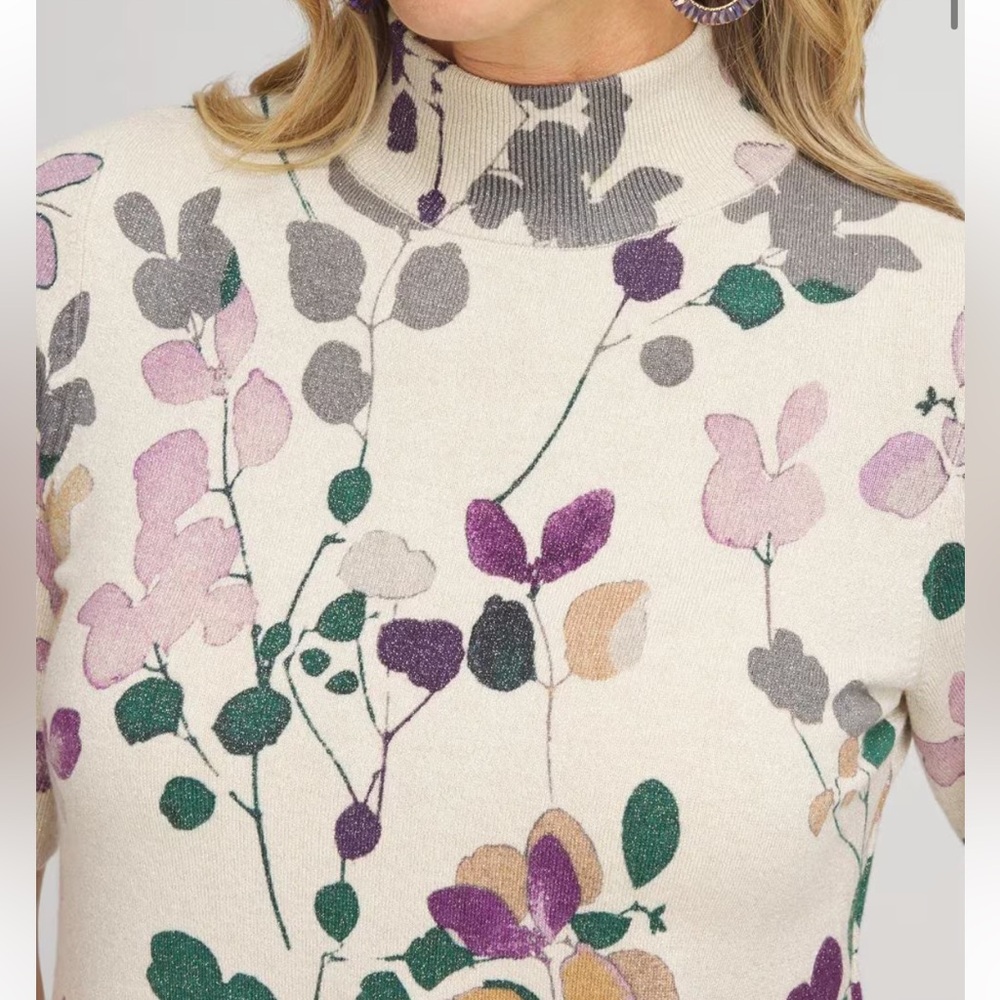 Chicos Metallic Cream Leaf Print women mock neck short sleeve sweater size L - Picture 2 of 10